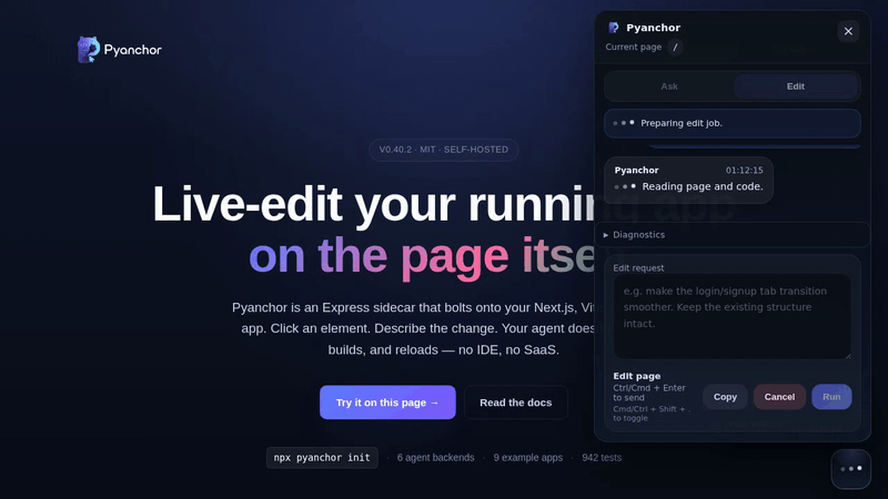 Pyanchor demo: floating overlay opens, user types a Korean prompt to change a button label, the agent installs deps, edits src/App.tsx, builds, and reloads — the new label appears live, all in ~30 seconds.
